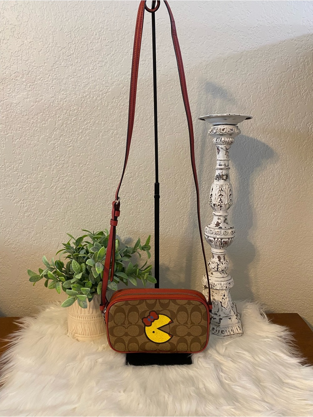 Coach Brown Signature Canvas Crossbody with Red Trim and Miss Pac-Man Graphic - Picture 4 of 15